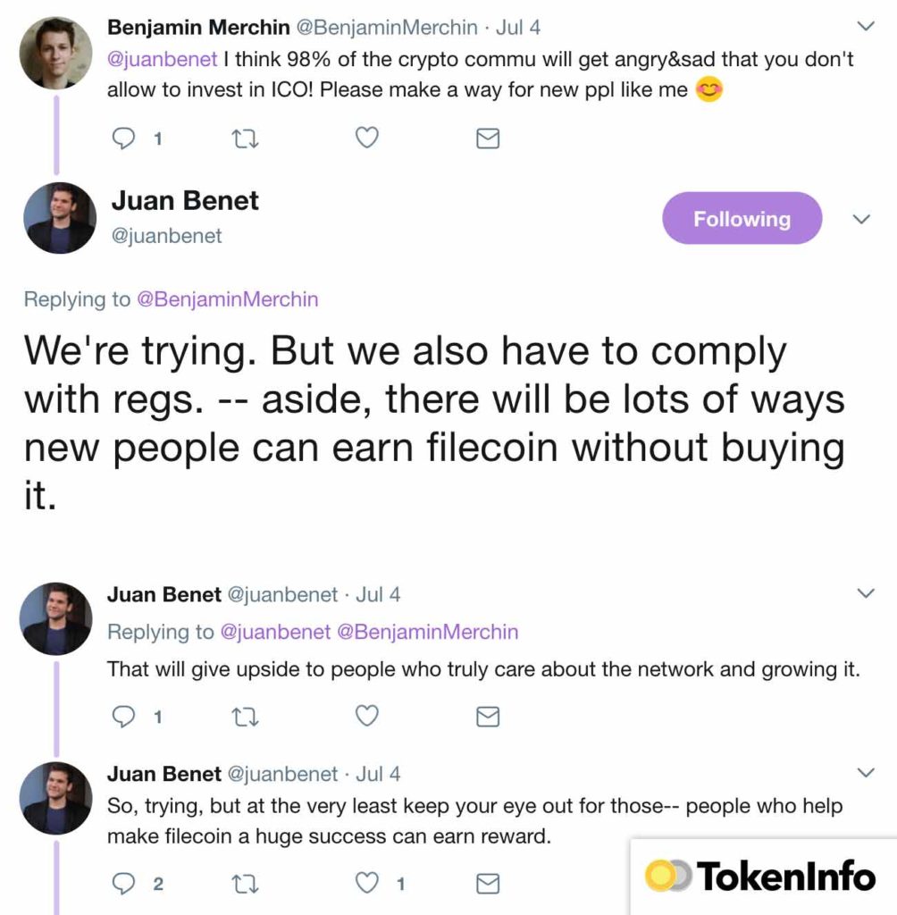 Juan Benet's tweet regarding investing in Filecoin as a non-accredited investor